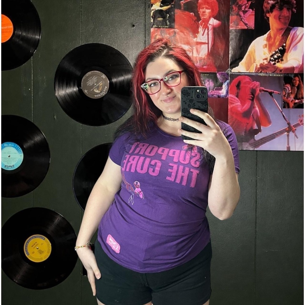 Y2K dark purple breast cancer ribbon t-shirt "SUPPORT THE CURE"